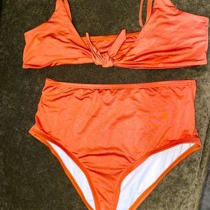 Hi waisted swimsuit rust colored tie knot top